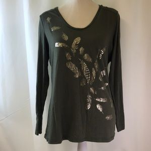 A.n.a Green Long Sleeve T-Shirt Gold Feathers Sz L